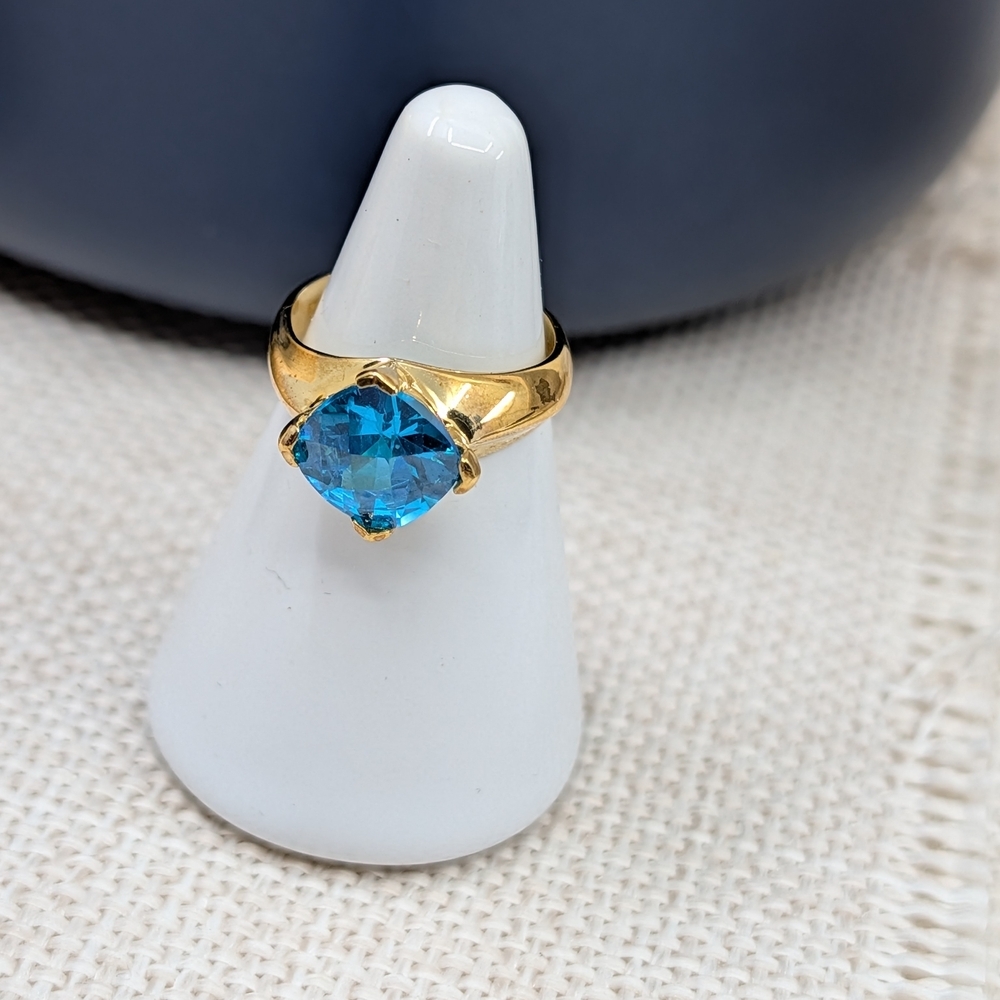 Vintage 925 Sterling Silver Gold Vermeil Statement Ring Faceted Blue Stone Sz 6 - Picture 13 of 16